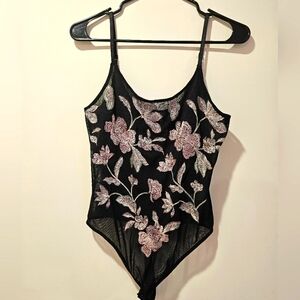 Express Black Floral Thong Bodysuit See Thru Small Petite